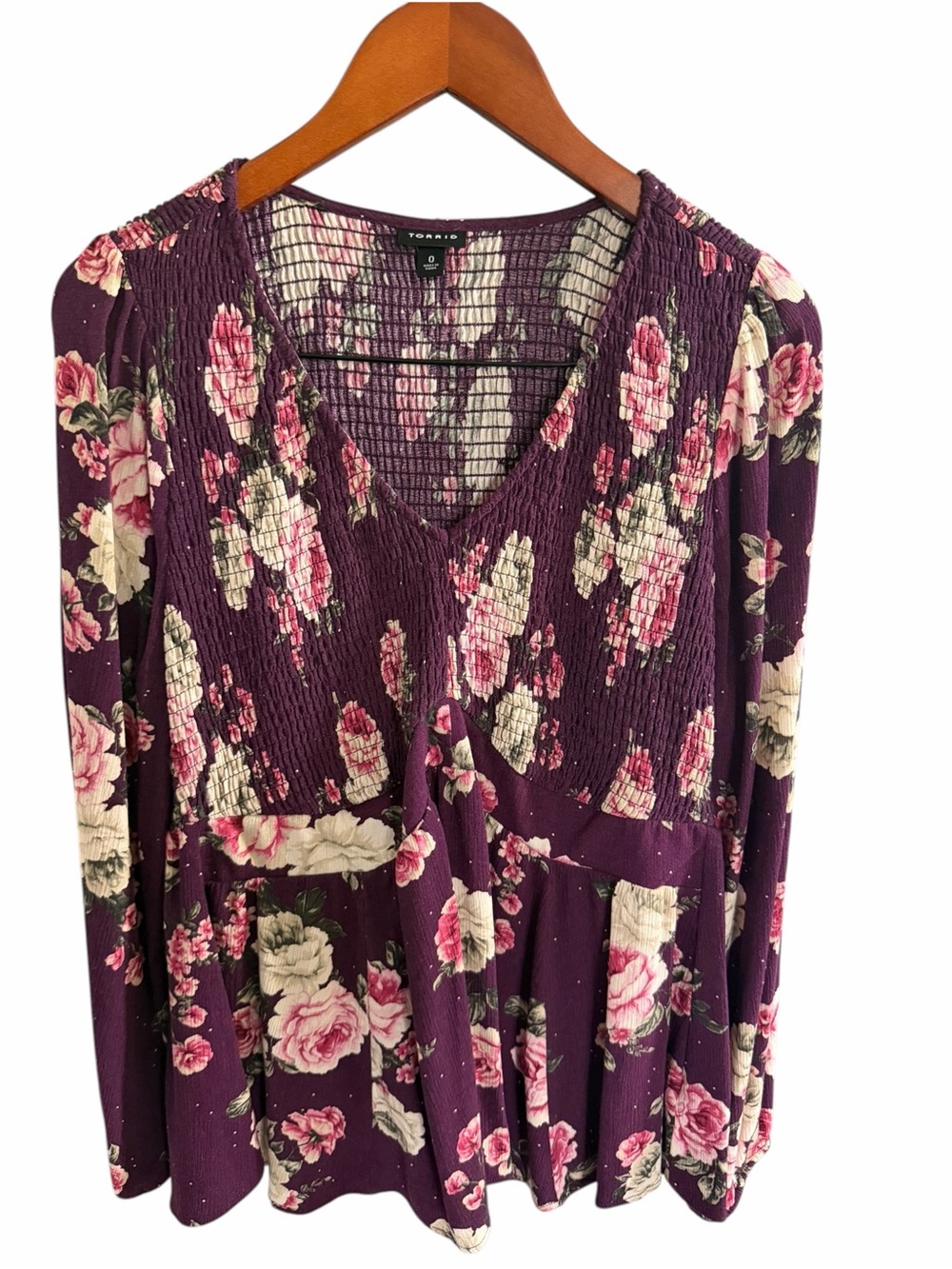 torrid 0 Plum Floral V-Neck Smocked Peplum Long Sleeve Dress XL